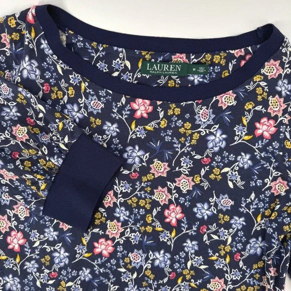 Lauren Ralph Lauren Womens Medium Navy Blue Floral Knit Short Sleeve Top - Picture 1 of 6